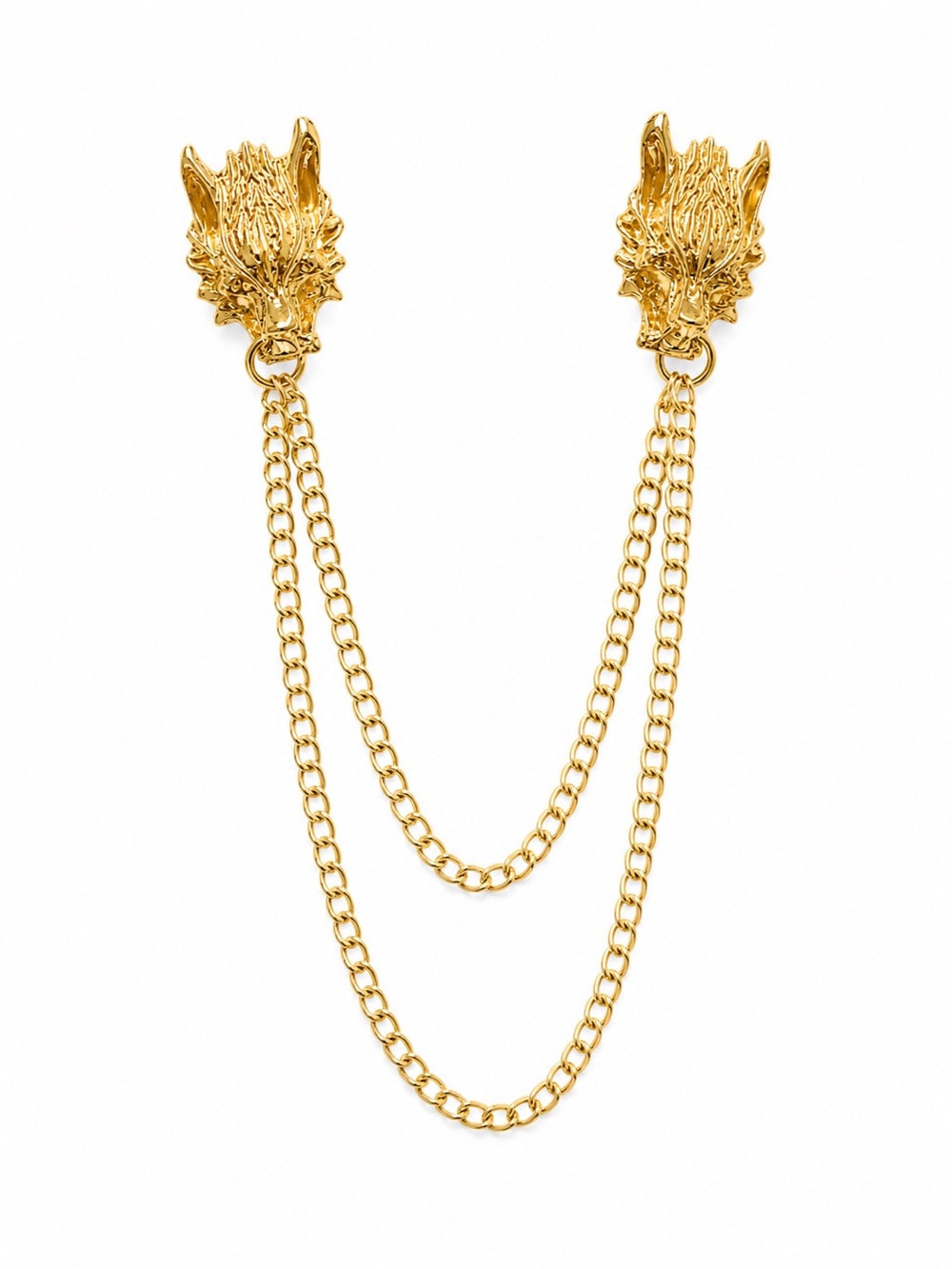 Vintage Style Double Chain Wolf Head Lapel Pin Brooch – Gold Tone Statement